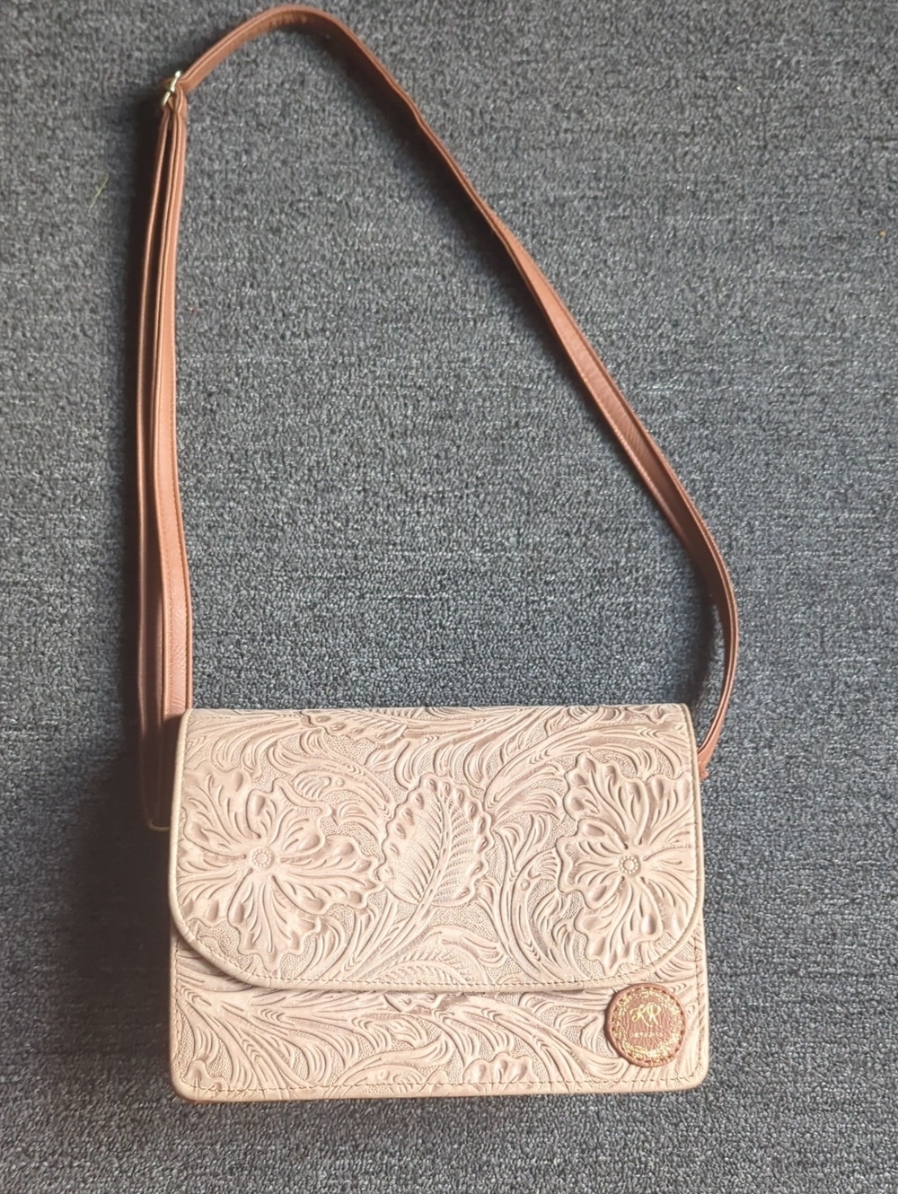 Tooled Floral Leather Crossbody Bag - Tan